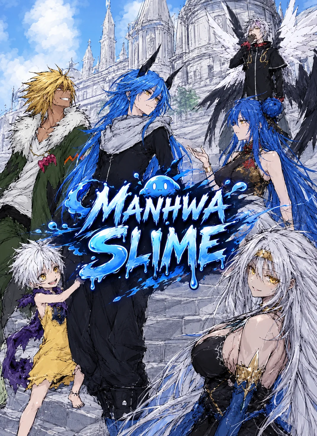 ملصق Manhwa Slime بشخصيات خيالية وشعار التطبيق